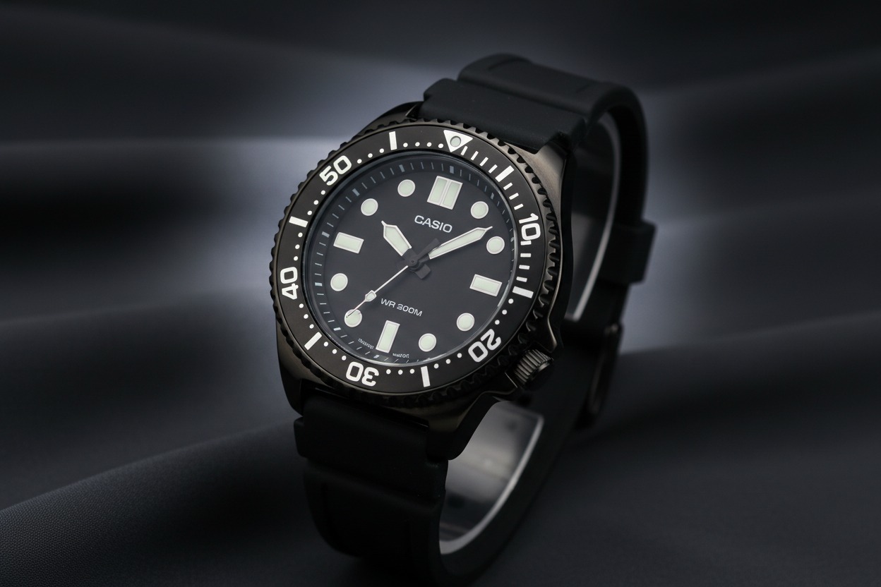 Reloj de pulsera Casio negro con esfera analógica y correa de silicona sobre un fondo de tela oscura.