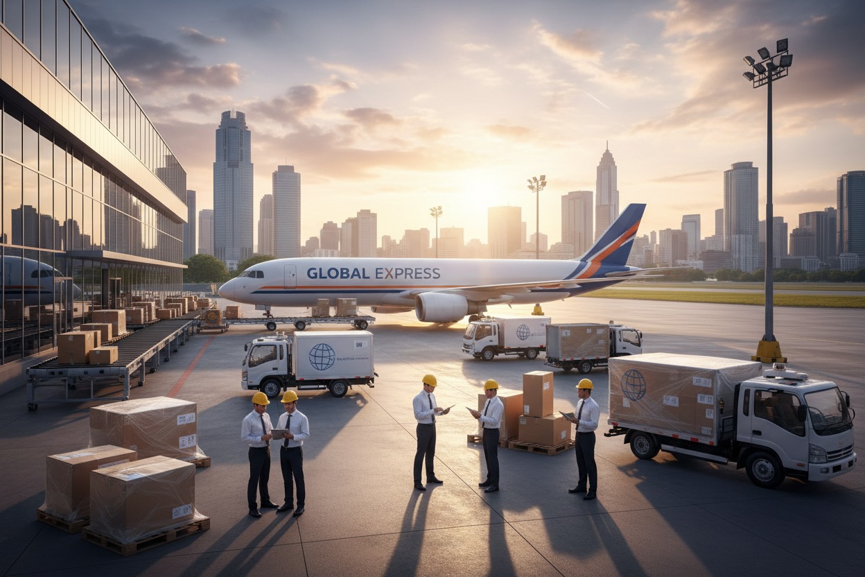 Personal de logística con cascos y uniformes coordina la carga de mercancías junto a un avión de carga y camiones en una pista de aeropuerto al atardecer.