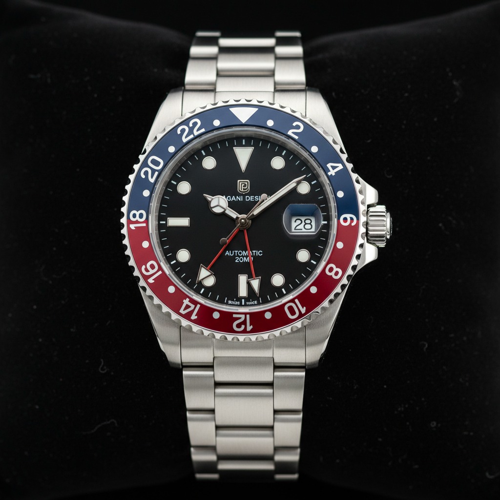 Reloj de pulsera automático Pagani Design con esfera negra y bisel giratorio bicolor en azul y rojo sobre un fondo negro.