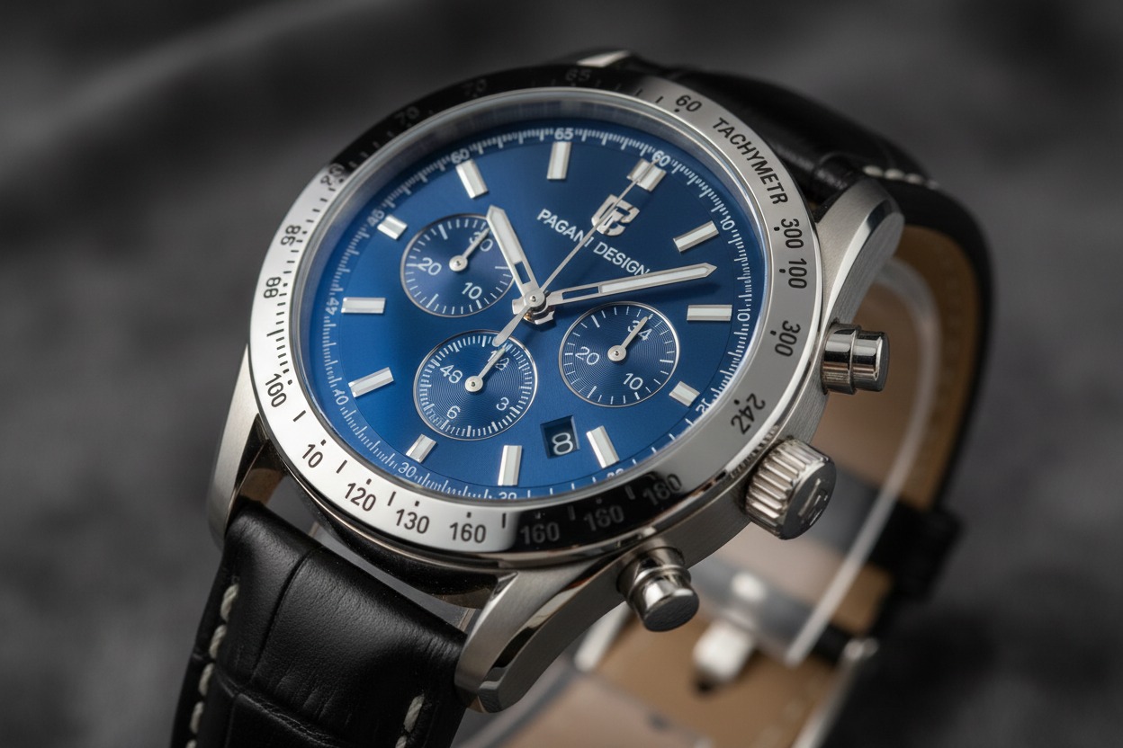 Reloj de pulsera Pagani Design con esfera azul, cronógrafo y correa de cuero negro sobre un fondo gris texturizado.